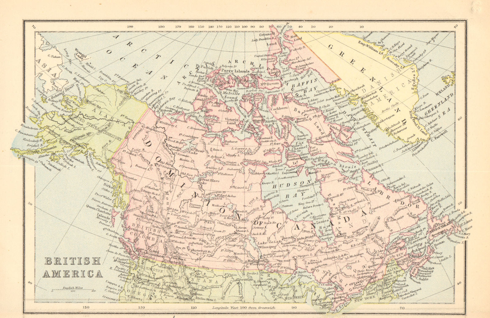 BRITISH AMERICA. Dominion of Canada.Shows part of Greenland as British 1876 map